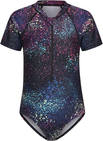 Girls One Piece Rash Guard Swimsuits for Kids Girls Short Sleeve Bathing Suits with Front Zipper Swimwear 3-16 Years in Kuwait
