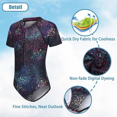 Girls One Piece Rash Guard Swimsuits for Kids Girls Short Sleeve Bathing Suits with Front Zipper Swimwear 3-16 Years in Kuwait