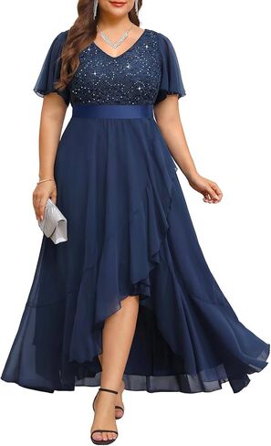 Pinup Fashion Plus Size Italial Dress - Wedding Wedding Guest Cocktail Sequin Chiffon Long Dresses مع فتحة in Kuwait