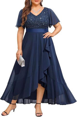 Pinup Fashion Plus Size Italial Dress - Wedding Wedding Guest Cocktail Sequin Chiffon Long Dresses مع فتحة in Kuwait