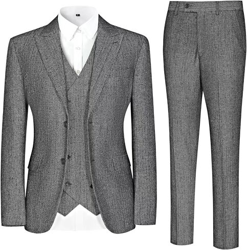 دعاوى عتيقة Tweed Herringbone للرجال 2 زر رفيع النحافة 3 قطعة من الصوف الرسمي بدلة السترة سترة السراويل الرجال in Kuwait
