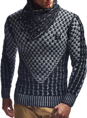 Leif Nelson Men's Knitted Winter-Pullover with Shawl Collar-Sweater with Geometric Pattern-Hoodie-Sweatshirt Slim Fit Long Sleeve LN5255 Khaki Black Medium in Saudi Arabia