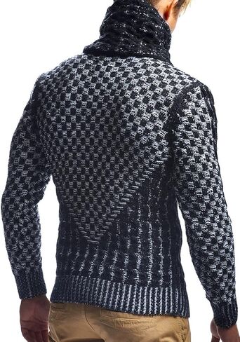 Leif Nelson Men's Knitted Winter-Pullover with Shawl Collar-Sweater with Geometric Pattern-Hoodie-Sweatshirt Slim Fit Long Sleeve LN5255 Khaki Black Medium in Saudi Arabia