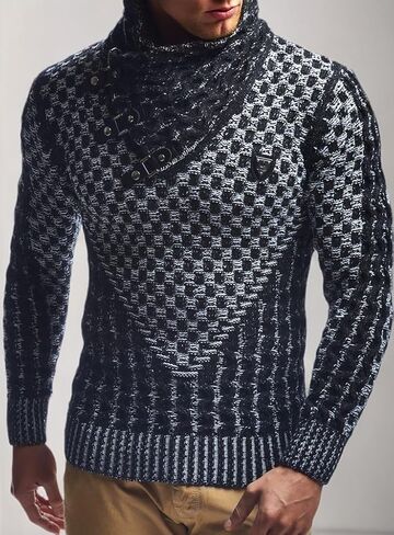 Leif Nelson Men's Knitted Winter-Pullover with Shawl Collar-Sweater with Geometric Pattern-Hoodie-Sweatshirt Slim Fit Long Sleeve LN5255 Khaki Black Medium in Saudi Arabia