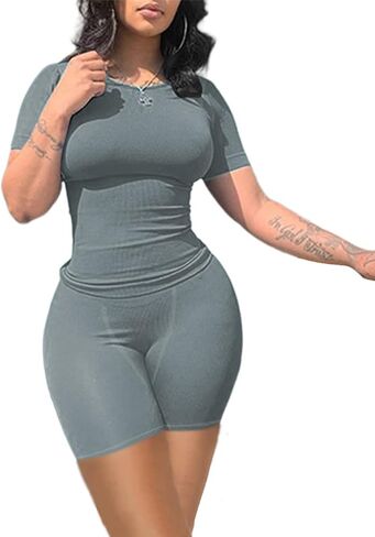 Lounge Wear Ribbed Casual 2 Piece Tracksuit Set Women Solid Skinny Short Sleeve O-Neck Top+Mid Waist Elastic Leggings in Kuwait