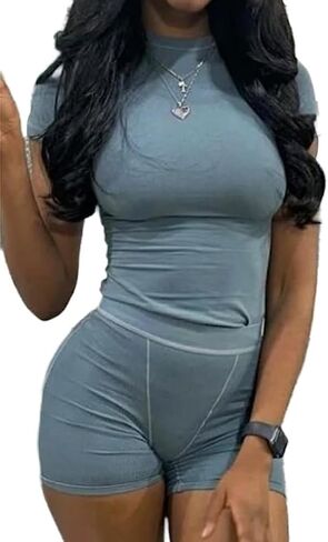 Lounge Wear Ribbed Casual 2 Piece Tracksuit Set Women Solid Skinny Short Sleeve O-Neck Top+Mid Waist Elastic Leggings in Kuwait