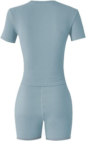 Lounge Wear Ribbed Casual 2 Piece Tracksuit Set Women Solid Skinny Short Sleeve O-Neck Top+Mid Waist Elastic Leggings in Kuwait