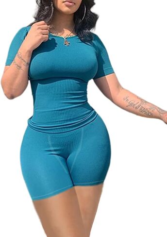 Lounge Wear Ribbed Casual 2 Piece Tracksuit Set Women Solid Skinny Short Sleeve O-Neck Top+Mid Waist Elastic Leggings in Kuwait