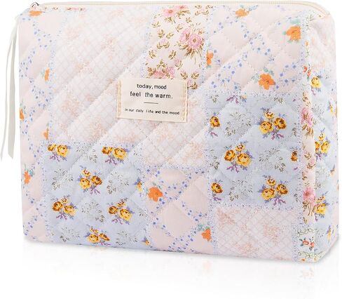 Floral Makeup Bag, Large Cosmetic Bag for Women Girls, Cute Cotton Make up Pouch, Quilted Makeup Bags, Flower Travel Toiletry Organizer Bag(Blue Floral) in Saudi Arabia