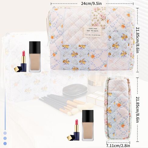 Floral Makeup Bag, Large Cosmetic Bag for Women Girls, Cute Cotton Make up Pouch, Quilted Makeup Bags, Flower Travel Toiletry Organizer Bag(Blue Floral) in Saudi Arabia