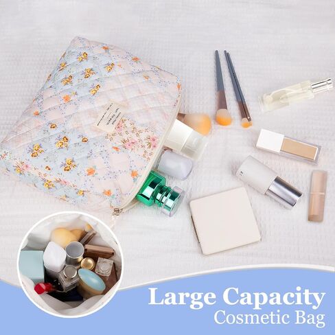 Floral Makeup Bag, Large Cosmetic Bag for Women Girls, Cute Cotton Make up Pouch, Quilted Makeup Bags, Flower Travel Toiletry Organizer Bag(Blue Floral) in Saudi Arabia