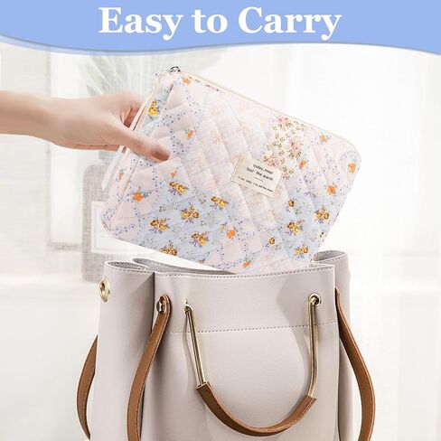 Floral Makeup Bag, Large Cosmetic Bag for Women Girls, Cute Cotton Make up Pouch, Quilted Makeup Bags, Flower Travel Toiletry Organizer Bag(Blue Floral) in Saudi Arabia