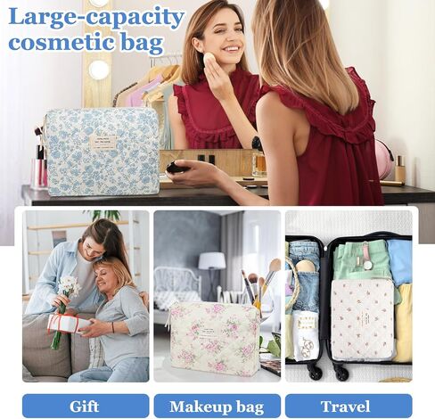 Floral Makeup Bag, Large Cosmetic Bag for Women Girls, Cute Cotton Make up Pouch, Quilted Makeup Bags, Flower Travel Toiletry Organizer Bag(Blue Floral) in Saudi Arabia