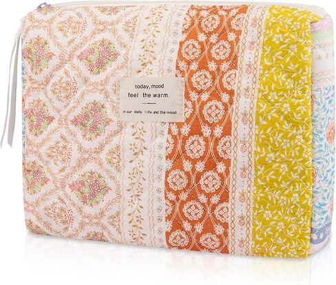 Floral Makeup Bag, Large Cosmetic Bag for Women Girls, Cute Cotton Make up Pouch, Quilted Makeup Bags, Flower Travel Toiletry Organizer Bag(Blue Floral) in Saudi Arabia