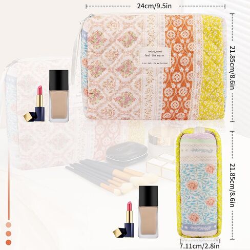 Floral Makeup Bag, Large Cosmetic Bag for Women Girls, Cute Cotton Make up Pouch, Quilted Makeup Bags, Flower Travel Toiletry Organizer Bag(Blue Floral) in Saudi Arabia