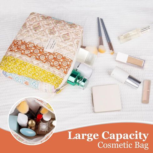 Floral Makeup Bag, Large Cosmetic Bag for Women Girls, Cute Cotton Make up Pouch, Quilted Makeup Bags, Flower Travel Toiletry Organizer Bag(Blue Floral) in Saudi Arabia