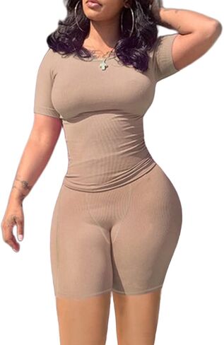 Lounge Wear Ribbed Casual 2 Piece Tracksuit Set Women Solid Skinny Short Sleeve O-Neck Top+Mid Waist Elastic Leggings in Saudi Arabia
