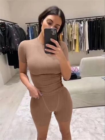 Lounge Wear Ribbed Casual 2 Piece Tracksuit Set Women Solid Skinny Short Sleeve O-Neck Top+Mid Waist Elastic Leggings in Saudi Arabia