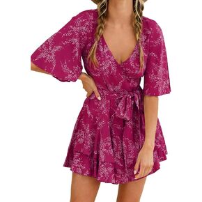 Bonkwa Women's Casual Rompers Floral Print Mid Sleeves Waist Tie Romper Ruffle Hem Deep V-Neck Short Jumpsuits for Summer