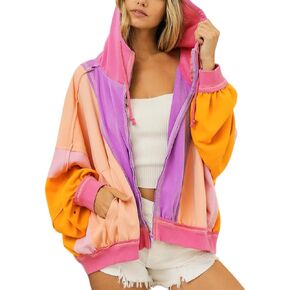 chouyatou Women's Fall Warm Color Block Zip Up Jacket Oversized Winter Casual Y2K Sweatshirt Hoodie Tops