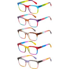 Yogo Vision 5 Pack Reading Glasses for Women Colorpop Rainbow Square Stylish Full Rim Eyewear Trendy Lightweight Fashion Frame -+2