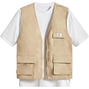 OYOANGLE Men's Sleeveless V Neck Zip Up Cargo Vest Letter Patched Flap Pocket Vest Coat Outerwear