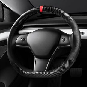 KAFEEK Carbon Fiber Car Steering Wheel Cover for Tesla Model 3 / Model Y, Breathable Leather, Anti Slip, for Tesla Accessories for Women and Men, Black