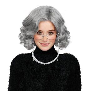 Aicos Old Lady Wig Set for Women Grey Grandma Wig with Glasses & Pearl Necklace for Halloween Costume Party