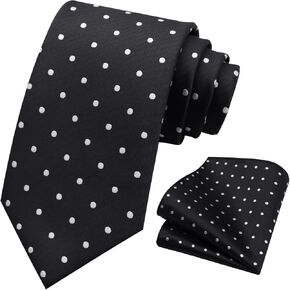 Mens Tie and Pocket Square Combo, Black Blue and White Polka Dot Ties for Men with Handkerchief for Business Tuxedo