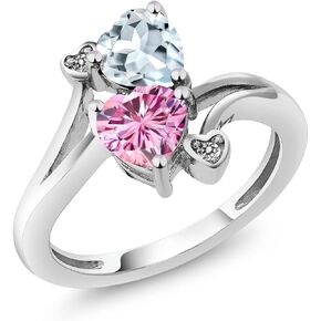 10K White Gold Double Heart Gemstone Birthstone & Diamond Accent Ring for Women | Heart-Shaped 6MM Gemstones with Round 1.5MM Diamonds | Elegant Promise, Engagement & Anniversary Ring | Sizes 5-9