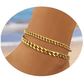 Anklets for Women 14K Gold Plated Ankle Bracelets Waterproof Layered Cuban Link Chain Anklets Set Adjustable Summer Beach Vacation Travel Jewelry