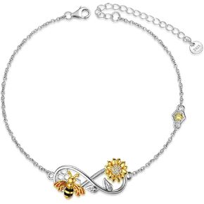 Bee Sunflower Infinity love Sterling925 Sterling Silver Unique dainty Bracelet for women, Mother’s Day Birthday Gifts for Daughter Sister