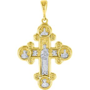 14K Yellow Gold Mother of God Virgin Mary with Jesus & Saints Orthodox Cross Pendant