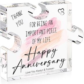 LukieJac Happy Anniversary Acrylic Puzzle-Shaped Plaque - Anniversary Presents for Wife, Her, Women - Romantic Wedding Celebrate Desk Decorations Christmas Gift Pink