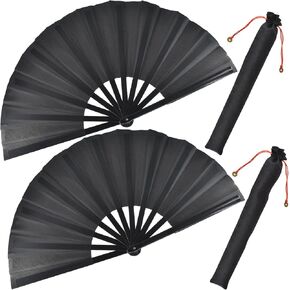 2pcs Large Black Folding Fans Handheld Nylon Cloth Classical Fans with Holder Sleeve Chinese Kung Fu Fan for Festival Performance Dance Decorations Gifts