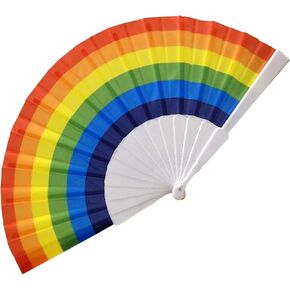 Rainbow Pride Folding Fan – 9in Handheld Clack Fan for Raves, Festivals & Parades – Reliable Cloth with Sturdy Plastic Handle – Essential Pride & Party Accessory for Women & Men (Horizontal)