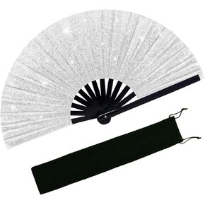 Large Glitter Rave Fan Folding Hand Fans for Line Dancing Portable Handheld Clack Fan for Festival EDM Party Music Outfit Accessories (Glitter White)