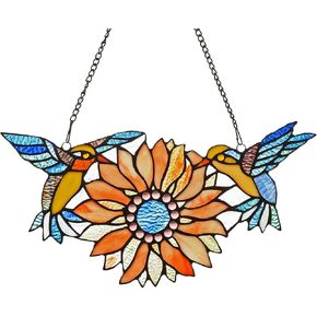 Capulina Stained Glass Window Hangings Sunflower Birds Window Panels Suncatchers Art Handicrafts Flower Birds Lovers Gifts for Home Window Decor