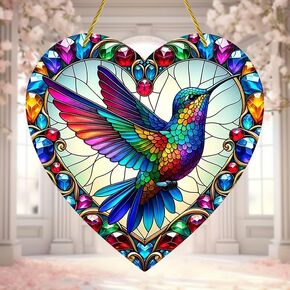 Hummingbird Stained Window Hanging Ornament, Heart Shape Stained Acrylic Double-Sided Printed Window Panel, Great Gift for Mom Grandma and Birds Lover for Birthday Mother's Day or Housewarming