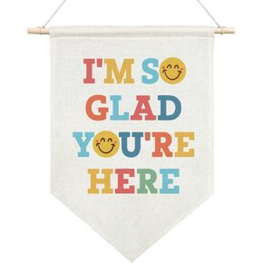 I'm So Glad You're Here Canvas Hanging Pennant Flag, Home School Classroom Kids Room Nursery Decor, Inclusive Classroom Banner, Inspirational Gifts for Family Friend Classmate BFF