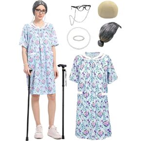 مجموعة أزياء Cupohus للسيدة الباروكة للسيدة ، 100 يوم من المدرسة البالغة لباس الجدة ، شعر مستعار رمادي ، قصب ، ملابس فستان الأزهار in Kuwait