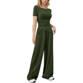 LICOBOD Asymmetrical 2 piece lounge set women long sleeve travel Outfits Comfy Loungewear Wide Leg Pants Casual Tracksuit