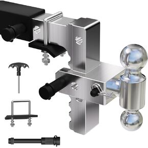 Adjustable Trailer Hitch, 8 Inch Drop & Rise Hitch Fits 2 Inch Receiver, 8000-12500 LBS Dual Ball Heavy Duty Aluminum Tow Hitch with Locking Hitch Pins & Lock Down Hitch Tightener