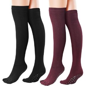 2 Pairs Yoga Pilates Toe Socks Non Slip Cushioned Thigh High over Calf Socks with Grips for Women Barre Ballet Dance