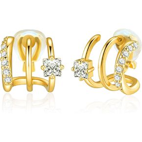FAN&LOUIS Clip On Earrings Women,14K Gold Plated Triple Huggie Stud Clip-on Earrings Cubic Zirconia|Double Huggie Hoop Gold Hoop Earrings Clips for Women Trendy Lightweight