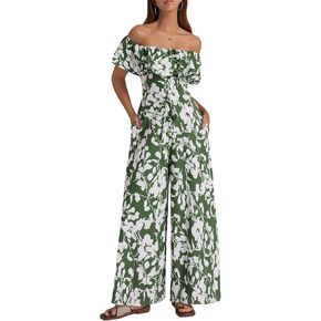BeryLove Women Floral Casual Jumpsuit Summer Off The Shoulder Wide Leg Vacation Beach Jumpsuits with Pockets