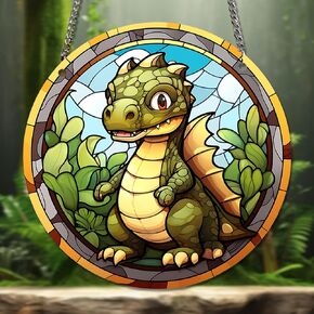 HOTIYOK Cute Dinosaur Acrylic Window Hangings Green Stained Window & Wall Decor with Chain for Indoor/Outdoor, Ideal Housewarming Gift, Gift for Grandma Wife Teacher Animal Lover