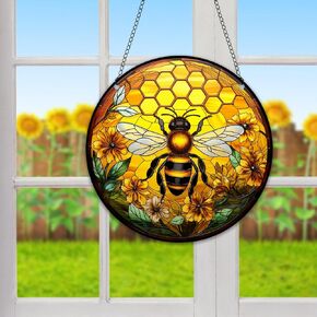 HOTIYOK Bee Beehive Window Hangings Acrylic Flowers Insect Stained Glass Panels Wall Decor for Indoor, Ideal Housewarming Gift Home Decor for Mom Grandma Wife Teacher