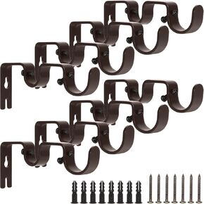 8 PCS Double Curtain Rod Brackets, Heavy Duty Curtain Rod Holder for Double Rod, Brown Curtain Rod Hanging Brackets Wall Mount for Home Office