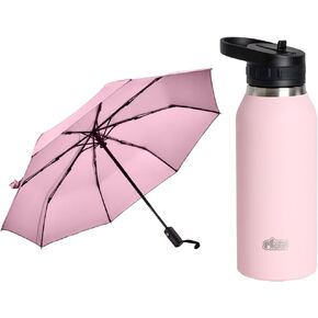 GORILLA GRIP Umbrella and Insulated Water Bottle, Both in Pink, Umbrella features Automatic Open and Close Button, Water Bottle is Size 24 Oz, 2 Item Bundle